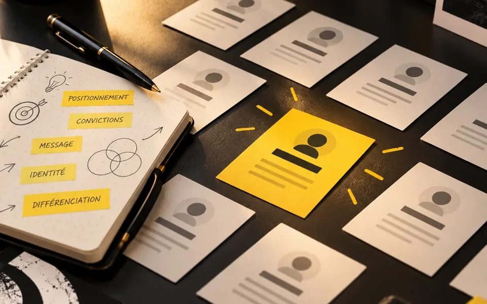 Un carnet de stratégie de marque (positionnement, convictions, message, identité, différenciation) à côté d'une rangée de cartes de profil grises, dont une seule, jaune, se détache
