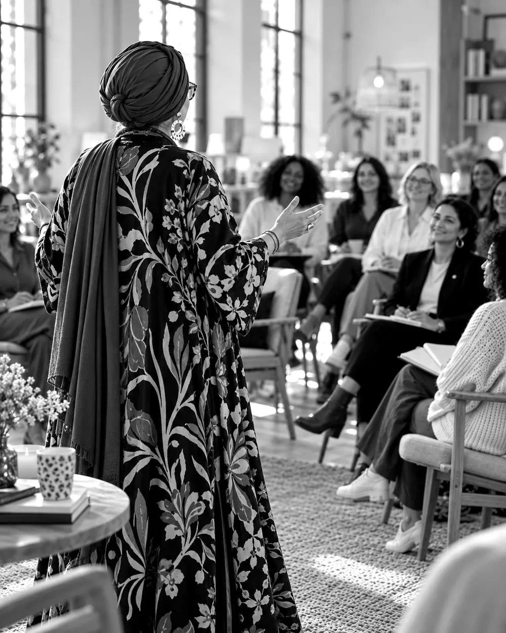 Céline anime un atelier devant un groupe d'entrepreneuses assises en cercle, carnets ouverts