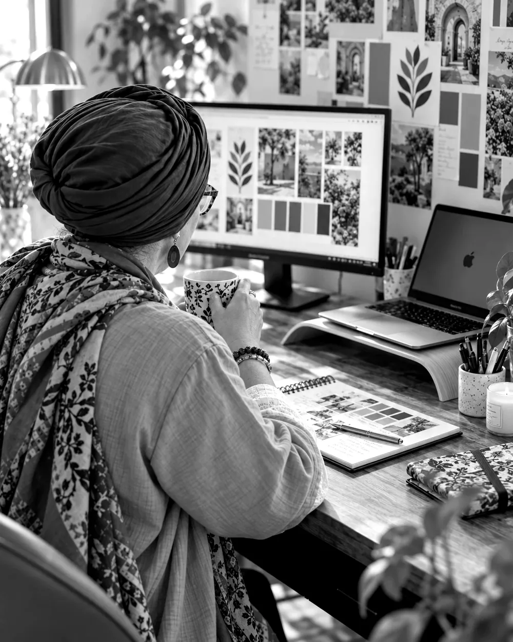 Céline à son bureau, café en main, devant un moodboard à l'écran