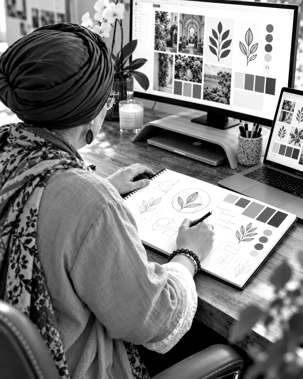Céline dessine des pistes de logo à la main, devant les recherches d'univers à l'écran