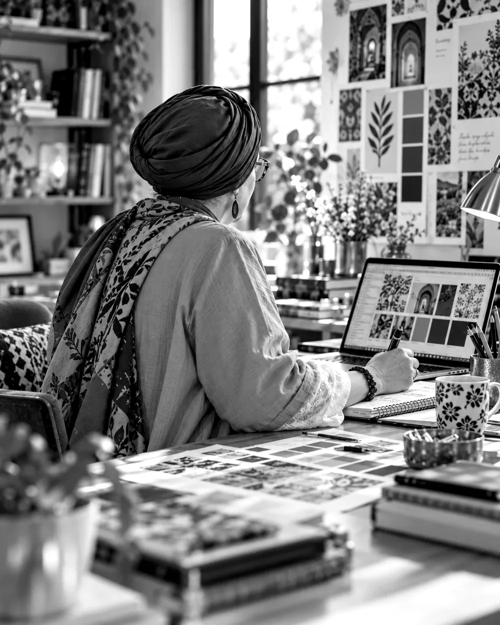 Céline travaille sur son ordinateur portable, entourée de palettes et de planches d'inspiration