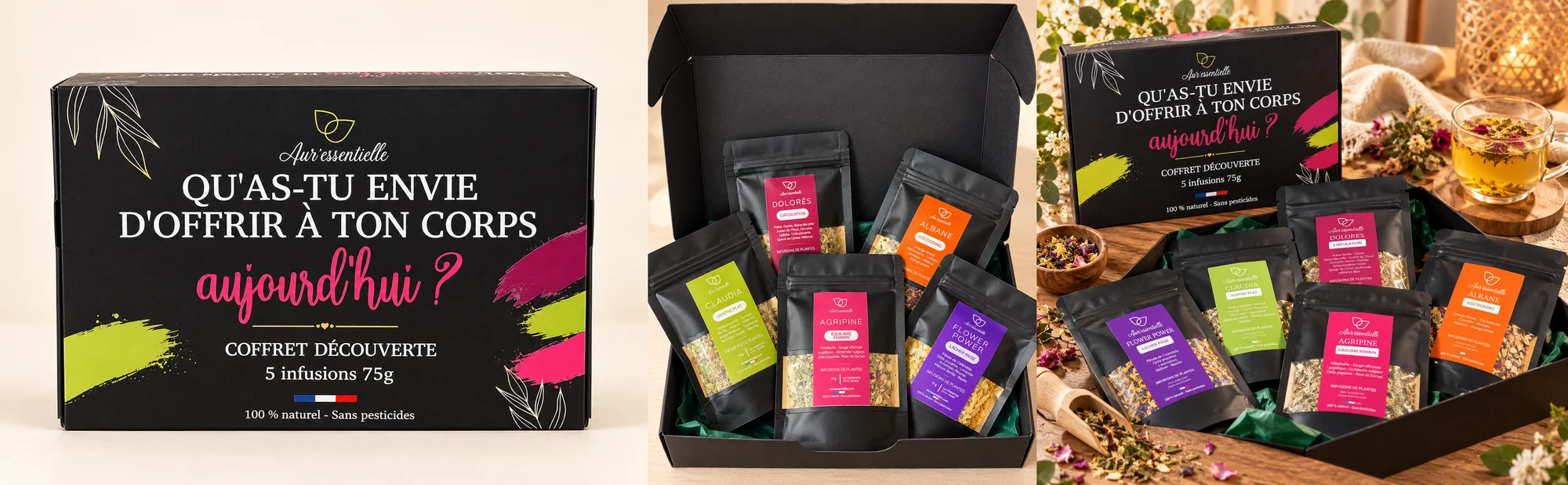 Le coffret découverte Auressentielle : la boîte noire « Qu'as-tu envie d'offrir à ton corps aujourd'hui ? », le coffret ouvert sur les cinq sachets colorés, et le coffret mis en scène avec une tasse de tisane
