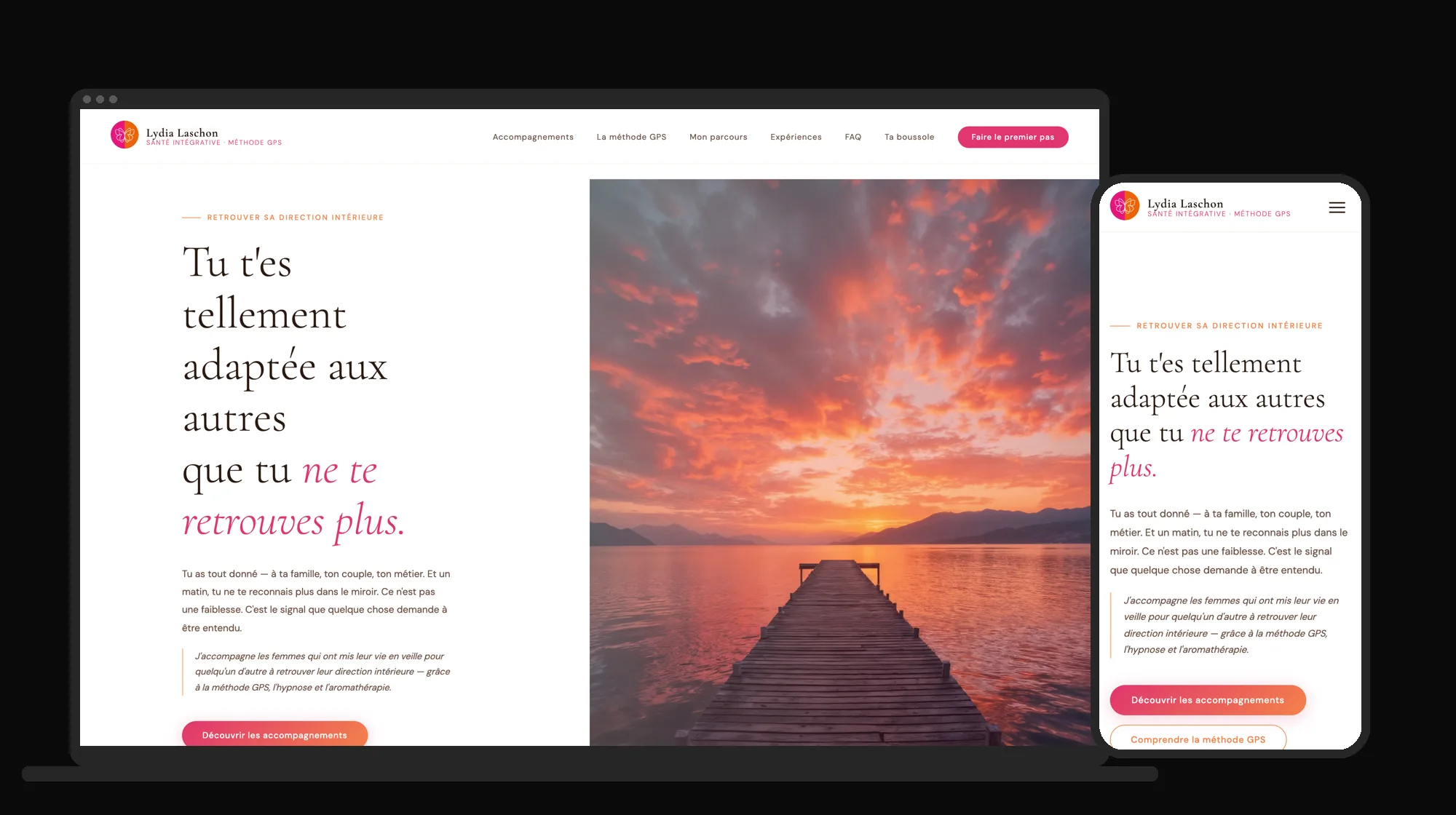 Le site de Lydia Laschon sur ordinateur et sur téléphone : « Tu t'es tellement adaptée aux autres que tu ne te retrouves plus »