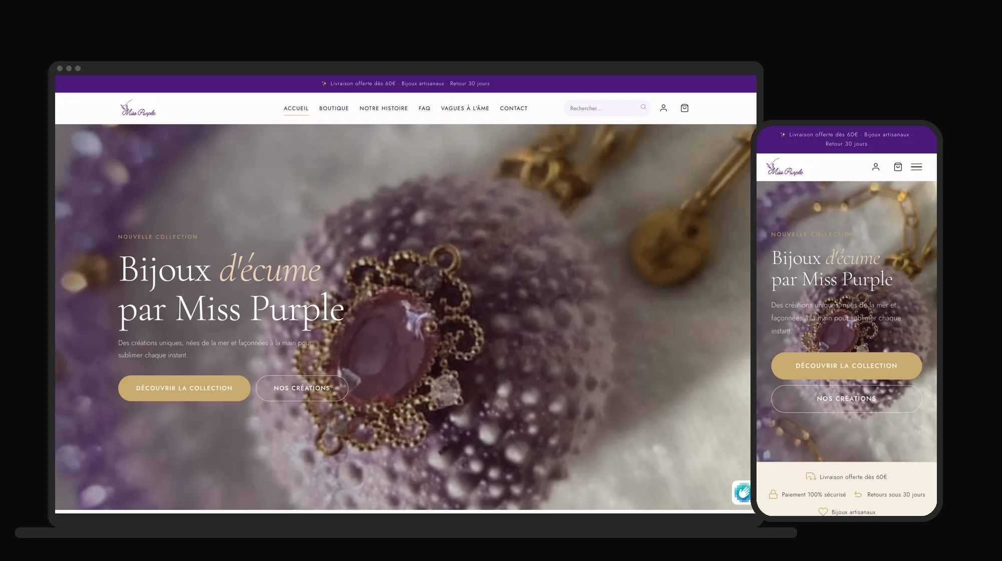 La boutique Miss Purple sur ordinateur et sur téléphone : « Bijoux d'écume par Miss Purple »