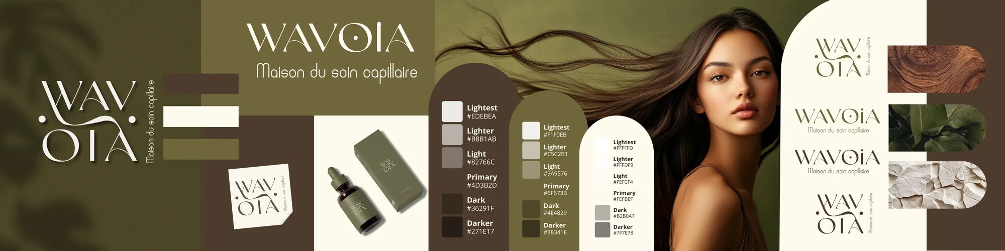 Branding board WavOïa : logos, palette de couleurs, flacon et univers photo